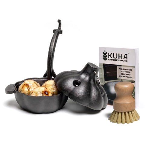 KUHA front view of cast iron garlic roaster showing compact shape and lid for even roasting