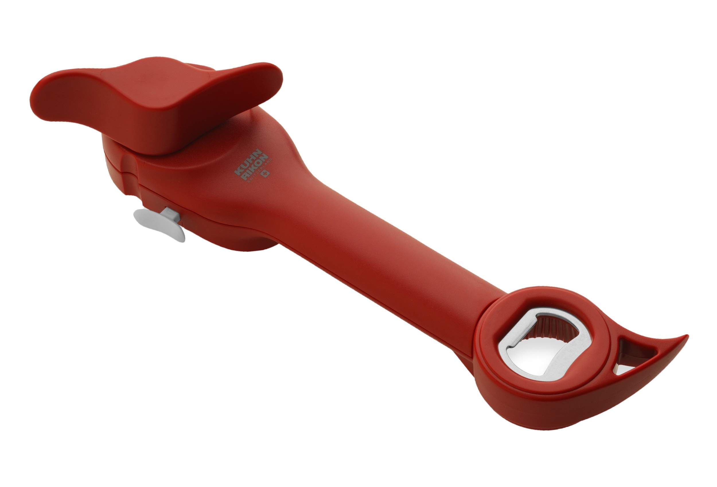 Kuhn Rikon front view showing red five-function opener and compact design benefit
