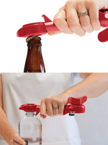 Kuhn Rikon tool used to remove a bottle cap showing fast, easy leverage benefit