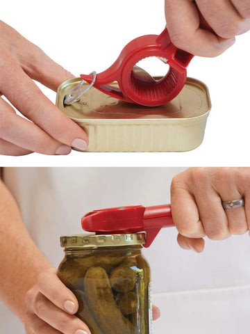 Kuhn Rikon opener beside a hand to show scale and ergonomic handle benefit