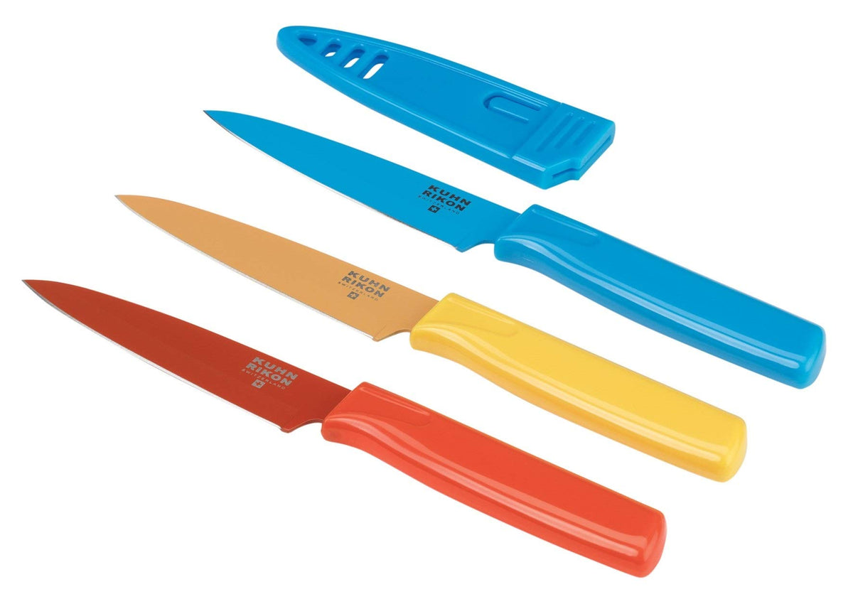 Kuhn Rikon front view red handle showing compact 4-inch blade and safe sheath