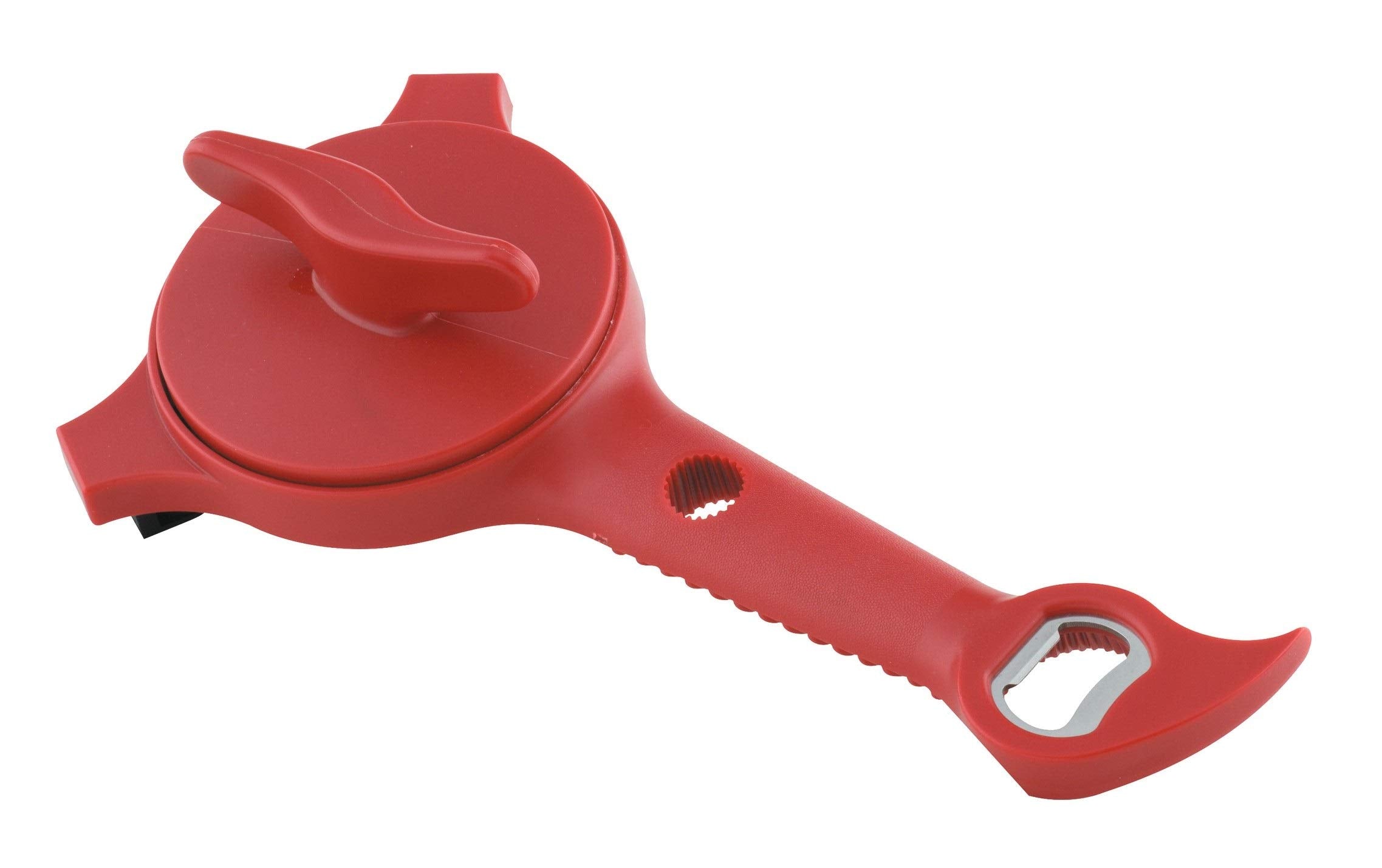 Kuhn Rikon front view of red 5-in-1 opener showing full tool and benefits
