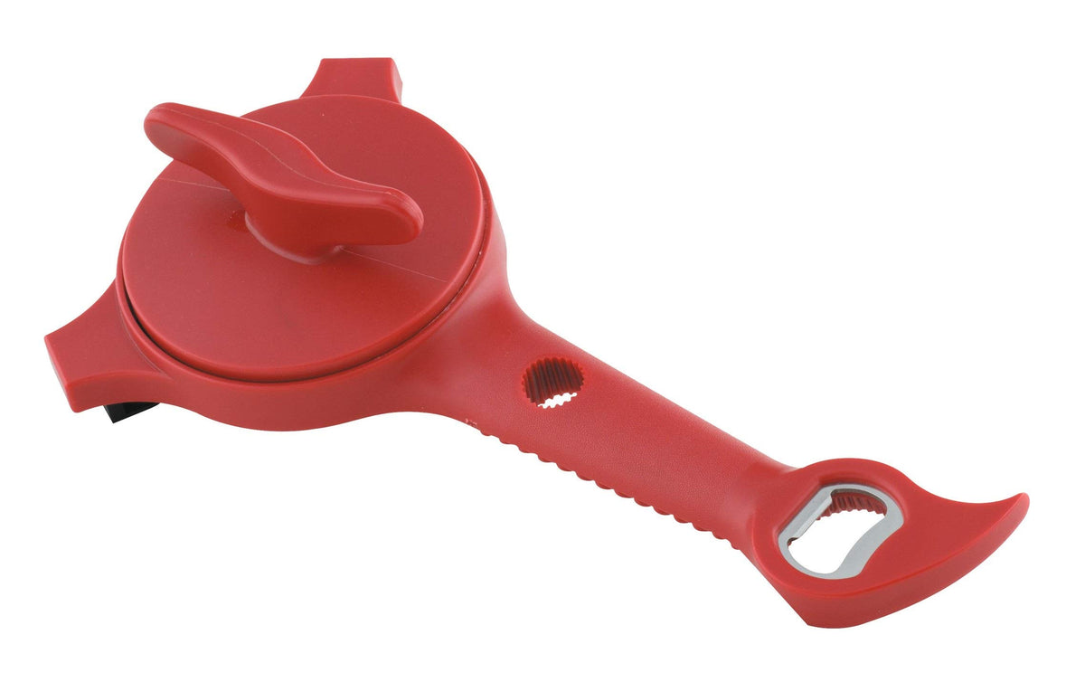 Kuhn Rikon front view of red 5-in-1 opener showing full tool and benefits