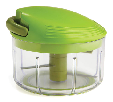 Kuhn Rikon front view showing compact green 2-cup chopper and easy grip