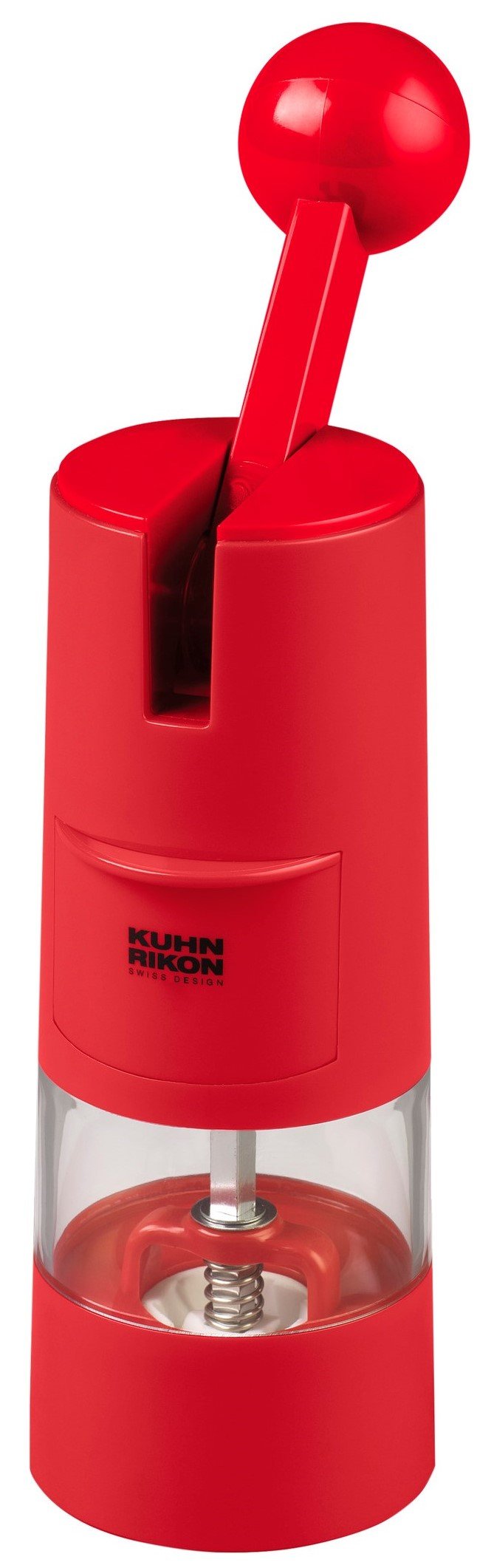 Kuhn Rikon front view of red grinder showing compact profile and visible contents benefit