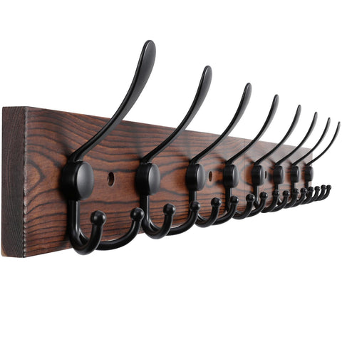 Kuhome front view of full 32.2-inch rack showing eight black triple-hooks and pine plank, neat storage