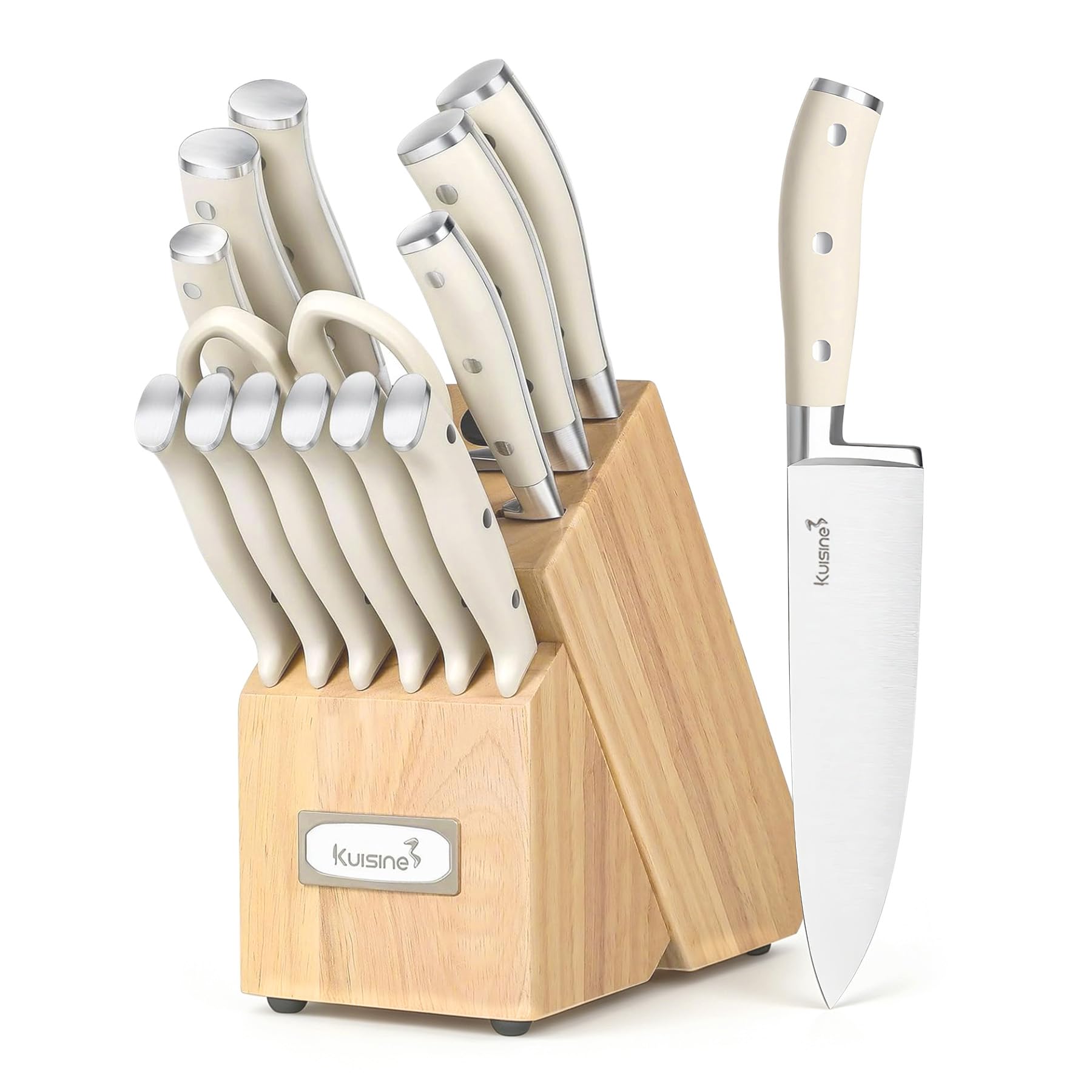 KUISINE full set front view showing ivory handles and neat block for elegant storage