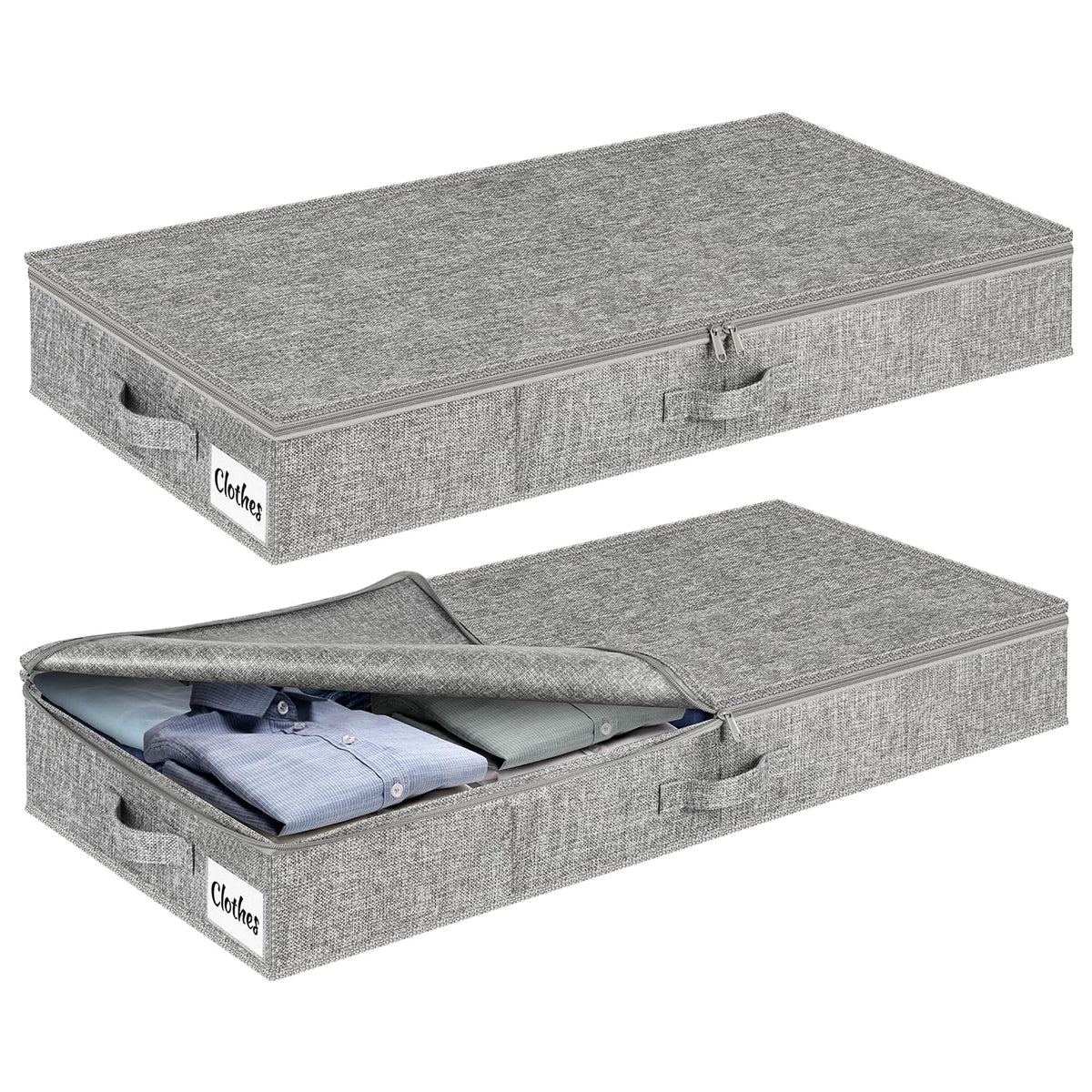 Kukikan front view of two slim under bed storage bins showing size and shape benefit