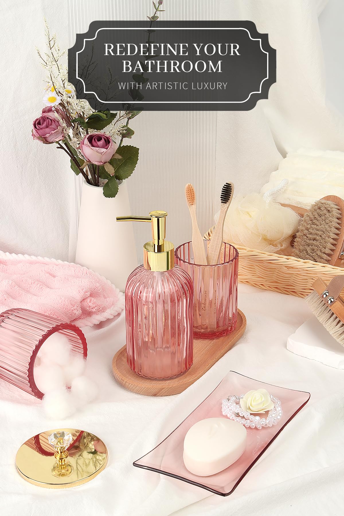 Kukikan pink glass dispenser detail highlighting stainless steel pump for spill-free use