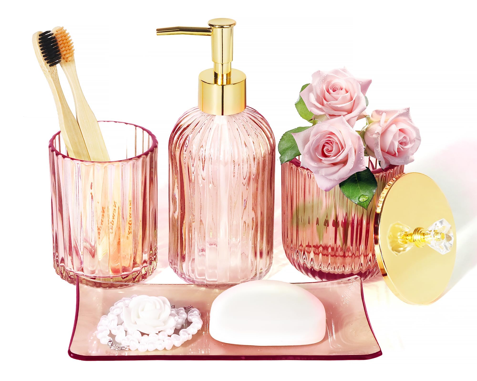 Kukikan pink glass front view showing coordinated four-piece set and tidy countertop benefit