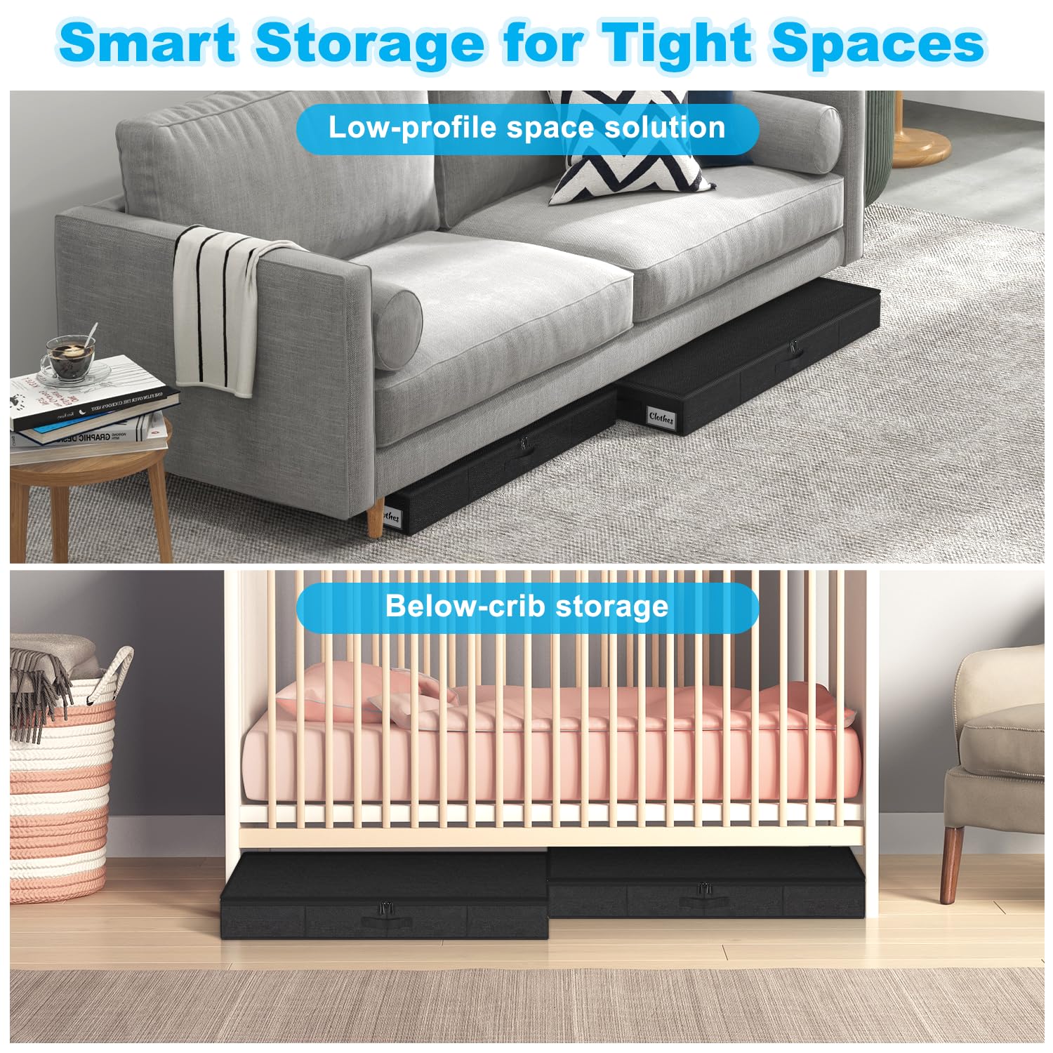 Kukikan side view under sofa showing low 4.5 inch clearance fit advantage