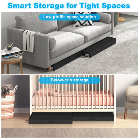 Kukikan side view under sofa showing low 4.5 inch clearance fit advantage
