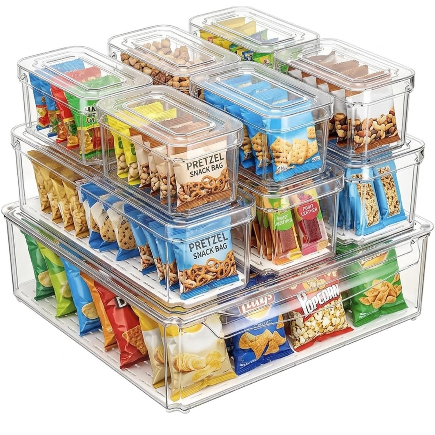 KUMD front view of 10-pack clear bins showing neat organized pantry benefit