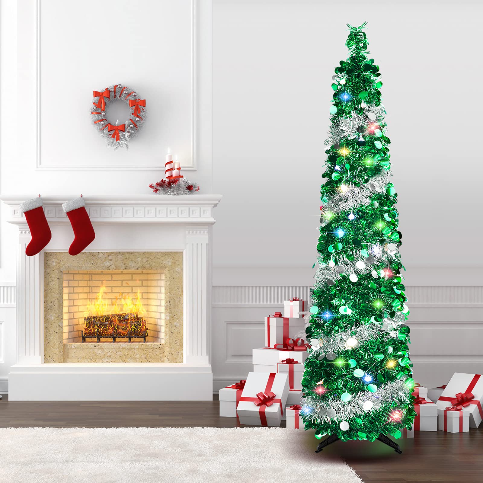 Kungfuking tree lit in dark room with multicolor LEDs creating festive glow