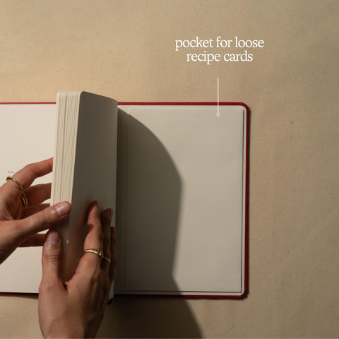 Kunitsa Co. back pocket holding recipe cards and clippings for secure storage