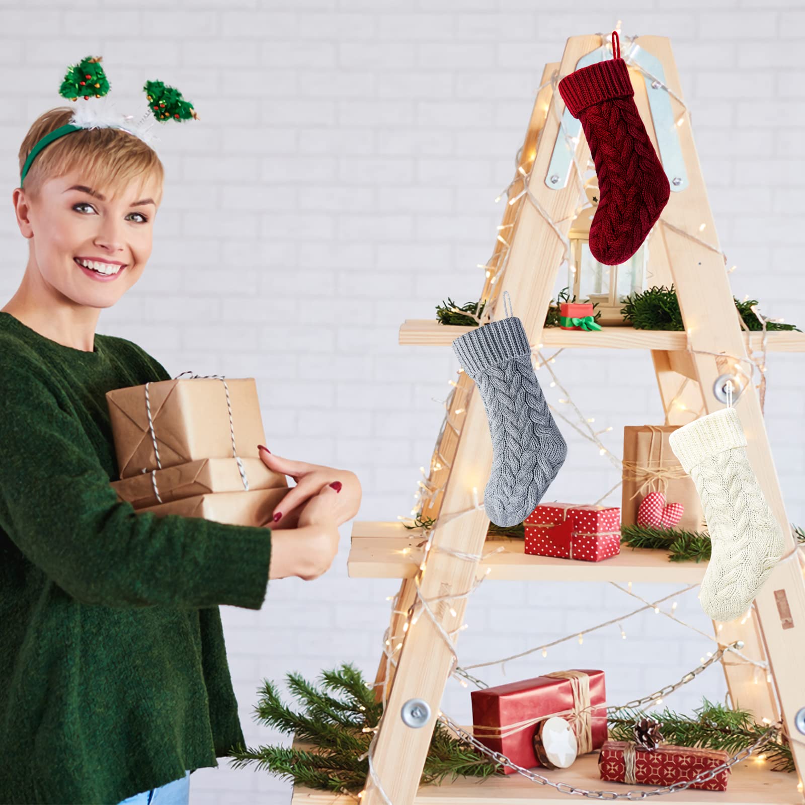 Kunyida gray stocking hanging on mantel adding warm seasonal ambience benefit
