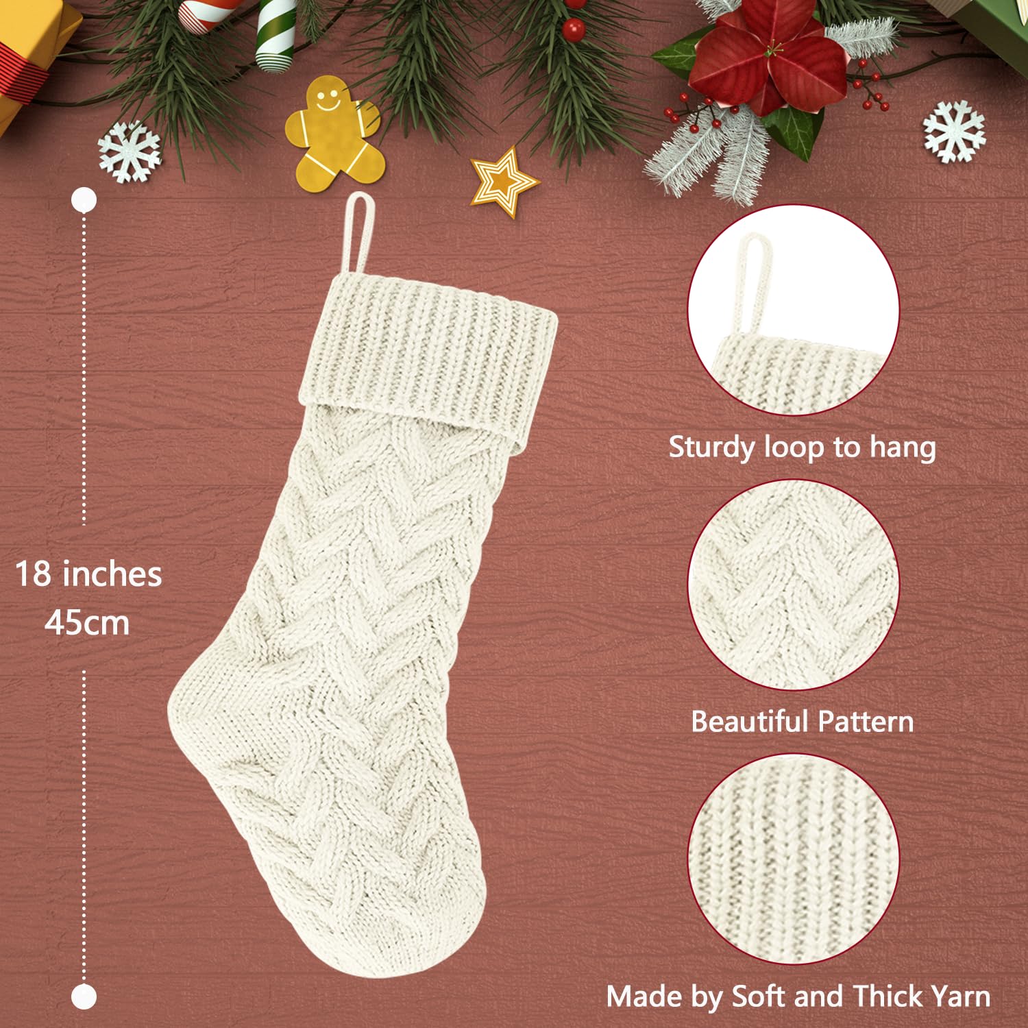 Kunyida stocking beside gifts showing 20-inch capacity for practical stuffing