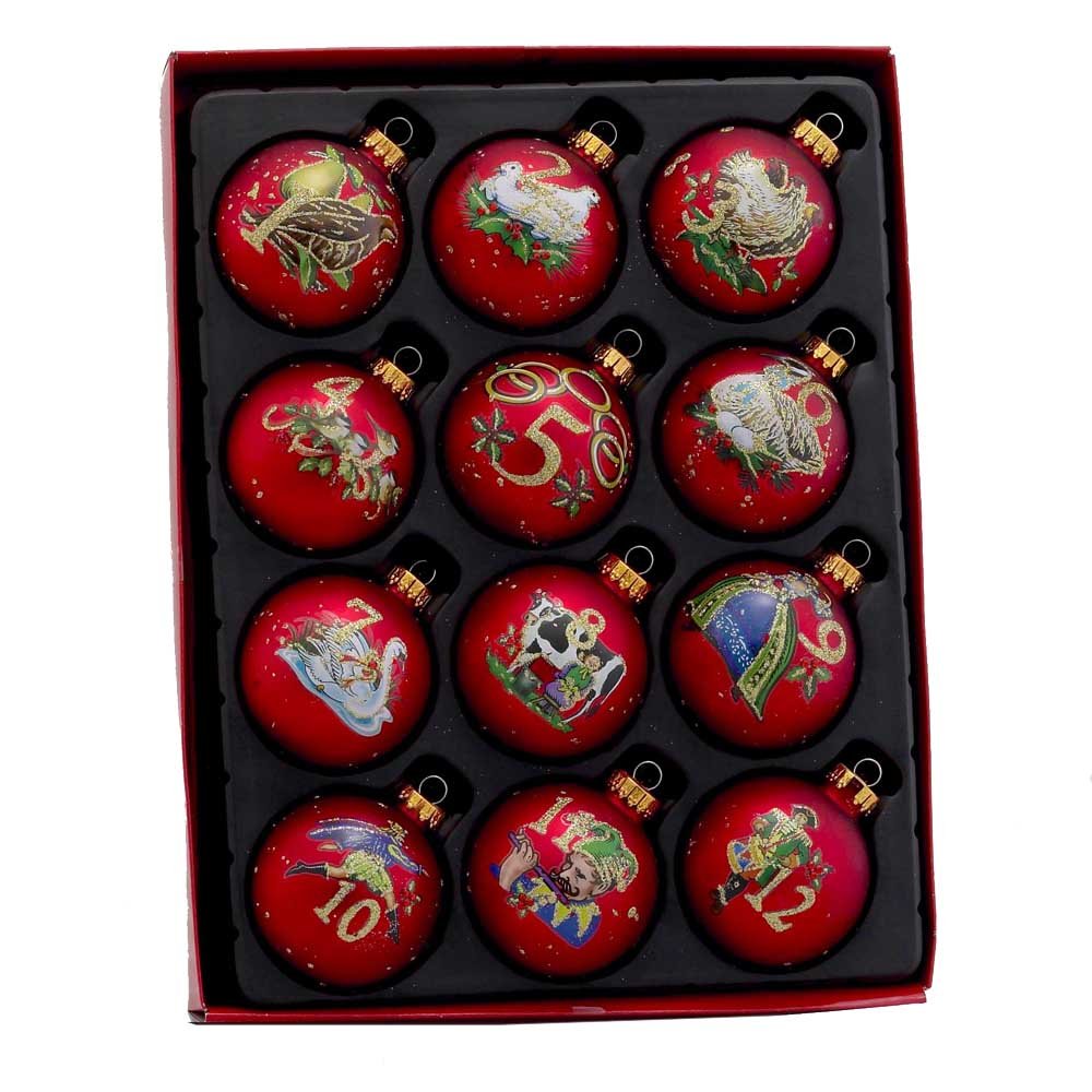 Kurt S. Adler boxed set front view showing all twelve red ornaments and artwork, adds cohesive holiday charm