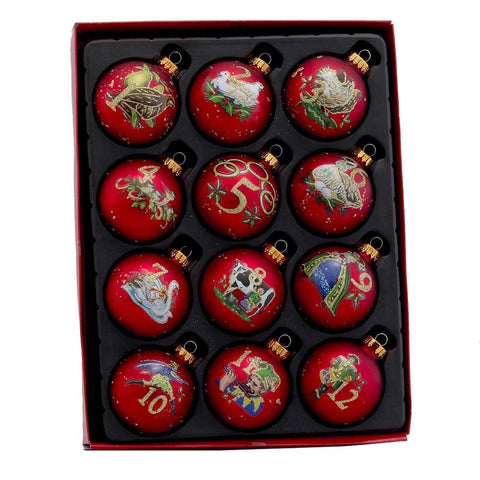 Kurt S. Adler boxed set front view showing all twelve red ornaments and artwork, adds cohesive holiday charm