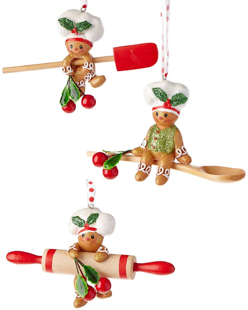 Kurt Adler front packaging view showing three gingerbread baking tool ornaments and hanging string benefits display-ready