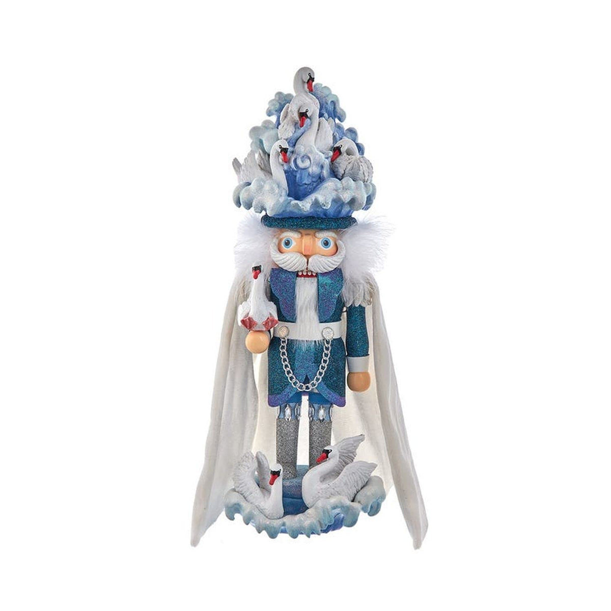 Kurt S. Adler nutcracker front view with glittered blue water and swans, elegant display