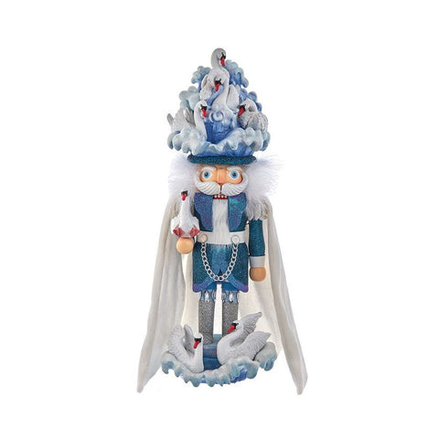 Kurt S. Adler nutcracker front view with glittered blue water and swans, elegant display