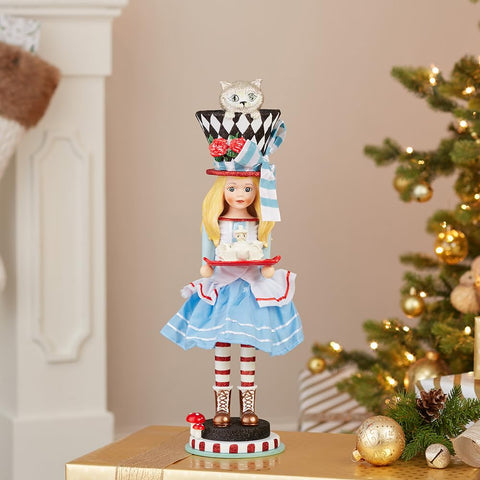 Kurt S. Adler Alice nutcracker close-up of black-and-white hat with Cheshire Cat peek