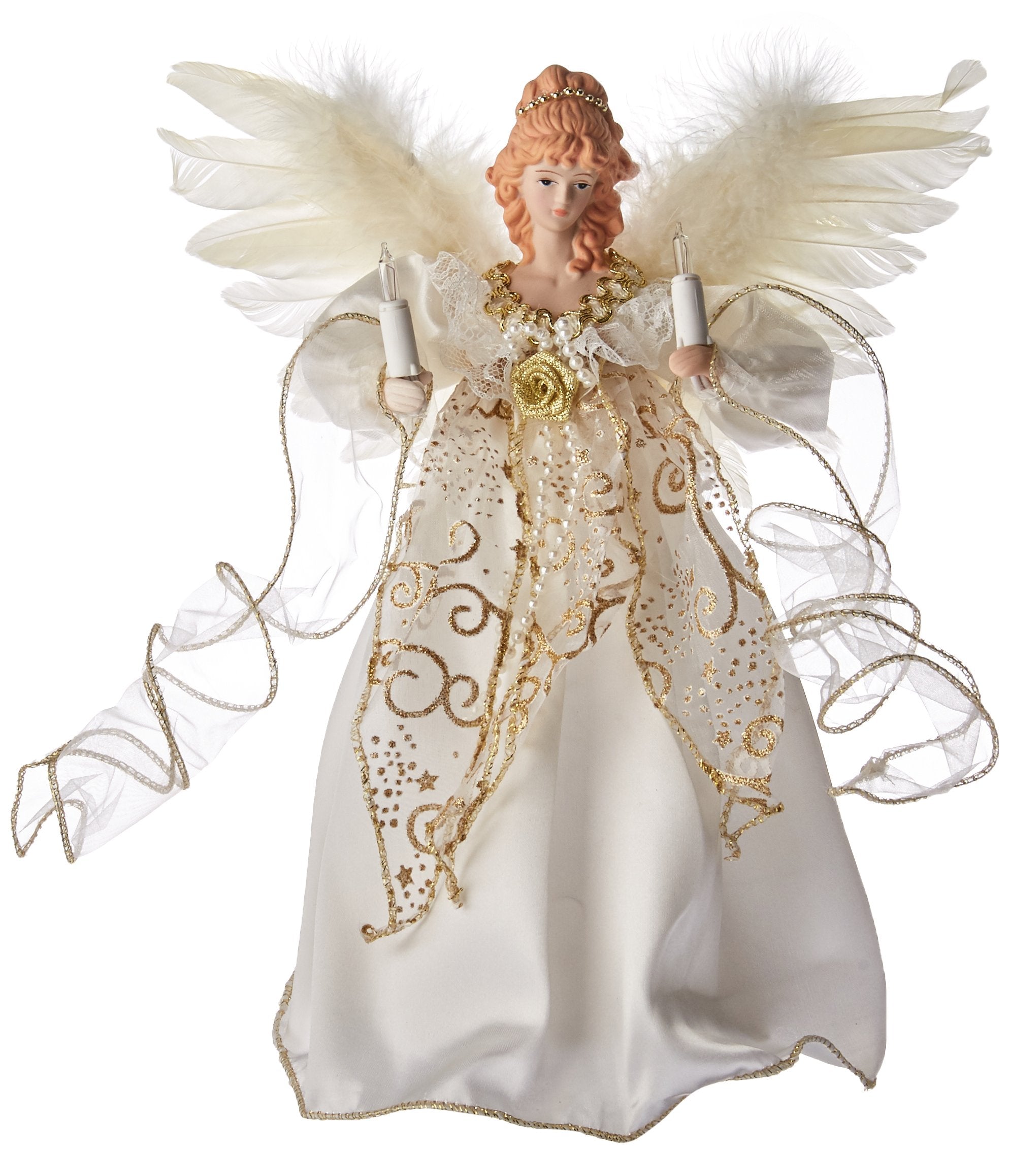 Kurt S. Adler angel topper front view showing ivory gown and gold accents, elegant focal point