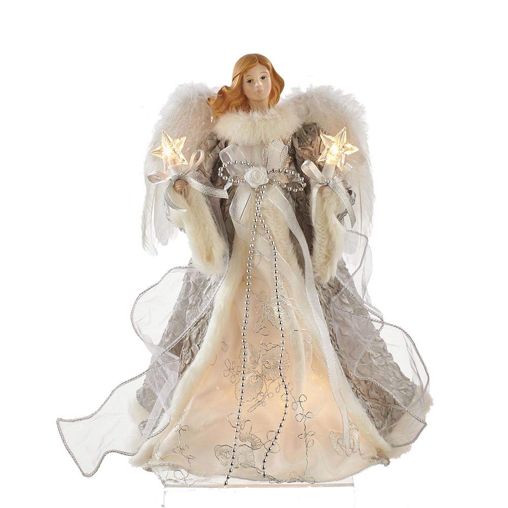 Kurt S. Adler angel treetop front view showing gown and lights for elegant glow