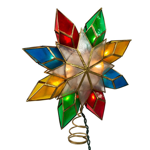 Kurt S. Adler front view of capiz star topper showing multi-color lights and gold trim for classic tree crowning