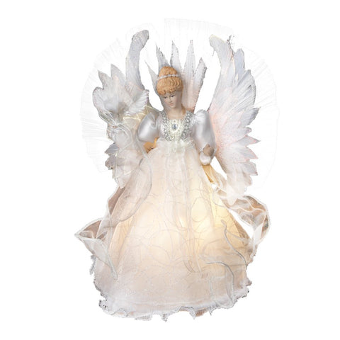 Kurt S. Adler angel treetop front view showing illuminated wings and detailed gown
