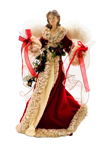 Kurt S. Adler angel treetop front view showing red gown and lights, enhances tree styling