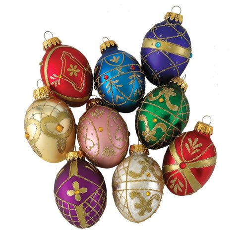Kurt S. Adler front packaging showing nine multicolored glass eggs for festive decor
