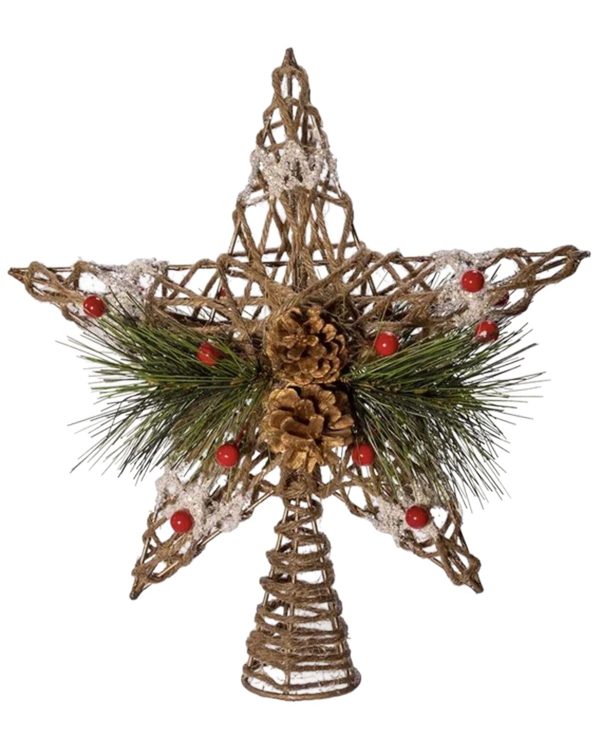 Kurt S. Adler front view of star topper shows rustic pinecones and berries, seasonal charm