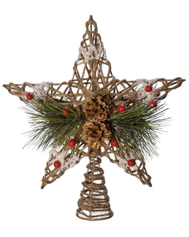 Kurt S. Adler front view of star topper shows rustic pinecones and berries, seasonal charm