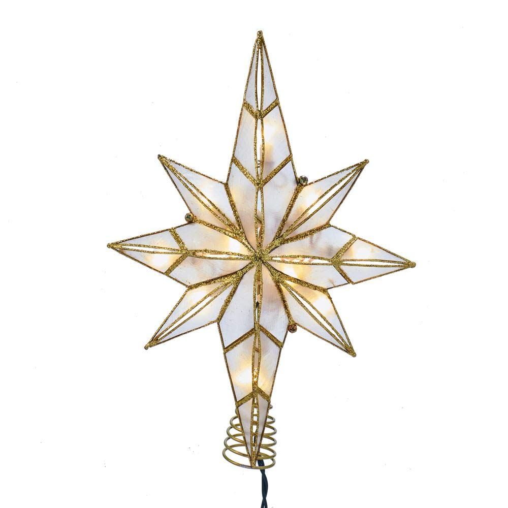 Kurt S. Adler front view capiz Bethlehem star treetop showing warm lights and brass finish for elegance