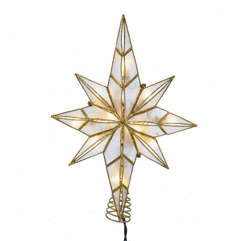 Kurt S. Adler front view capiz Bethlehem star treetop showing warm lights and brass finish for elegance