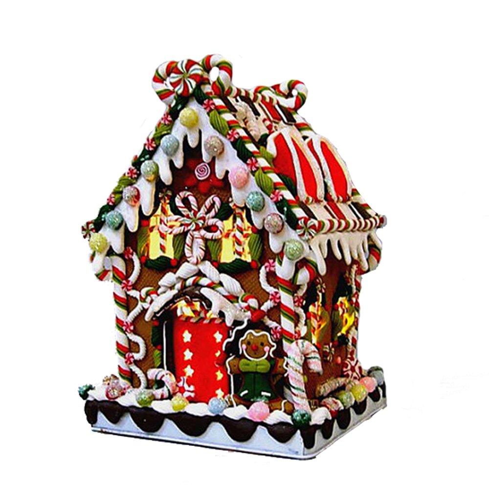 Kurt S. Adler front view candy house lit with warm glow, adds nostalgic holiday charm