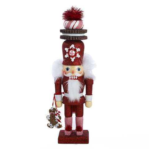 Kurt S. Adler front view showing glittered red suit and dangling gingerbread for festive décor