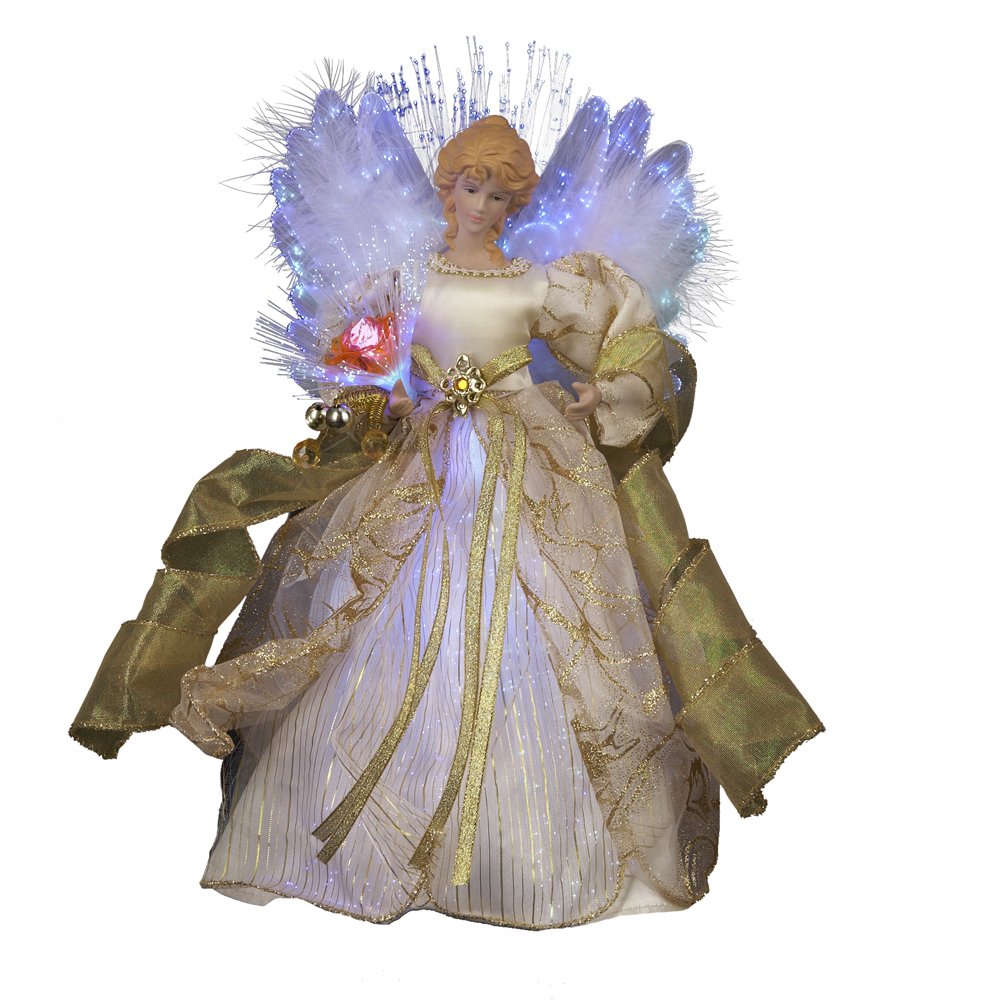Kurt S. Adler front view of ivory and gold angel topper showing elegant styling and glow
