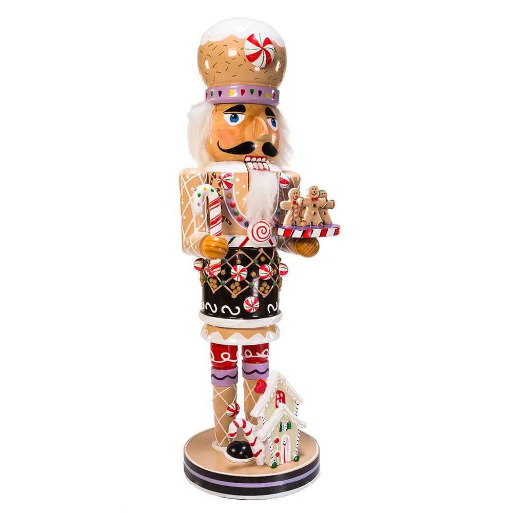 Kurt S. Adler nutcracker front view showing festive gingerbread design and charm