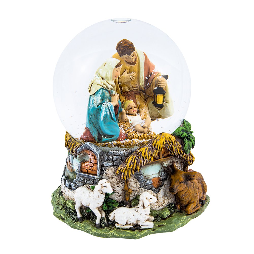 Kurt S. Adler front view of Holy Family water globe showing nativity scene and glass dome for seasonal display