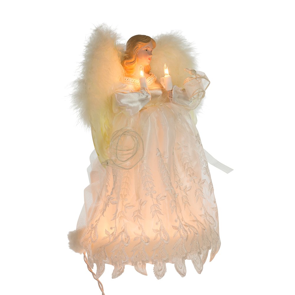 Kurt S. Adler angel front view showing ivory gown and warm glow benefit