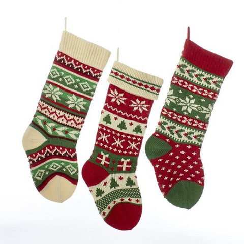 Kurt S. Adler front view of three knit stockings showing patterns and easy hanging
