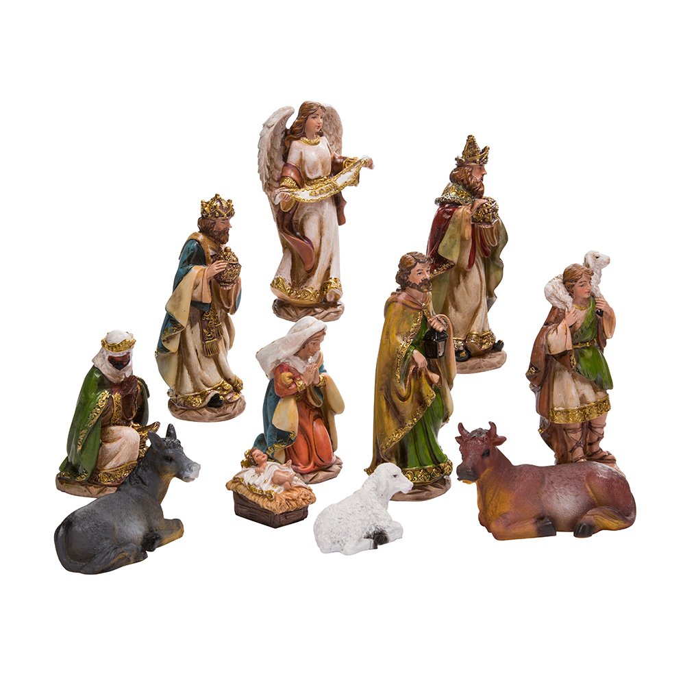 Kurt S. Adler front view of full 11-piece nativity set showing colorful display benefit