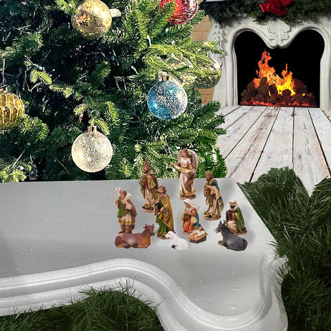 Kurt S. Adler nativity set styled on a mantel showcasing space-saving seasonal décor
