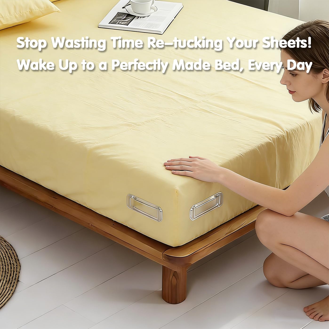 KVANACE lifestyle bedroom setting with smooth fitted sheets secured