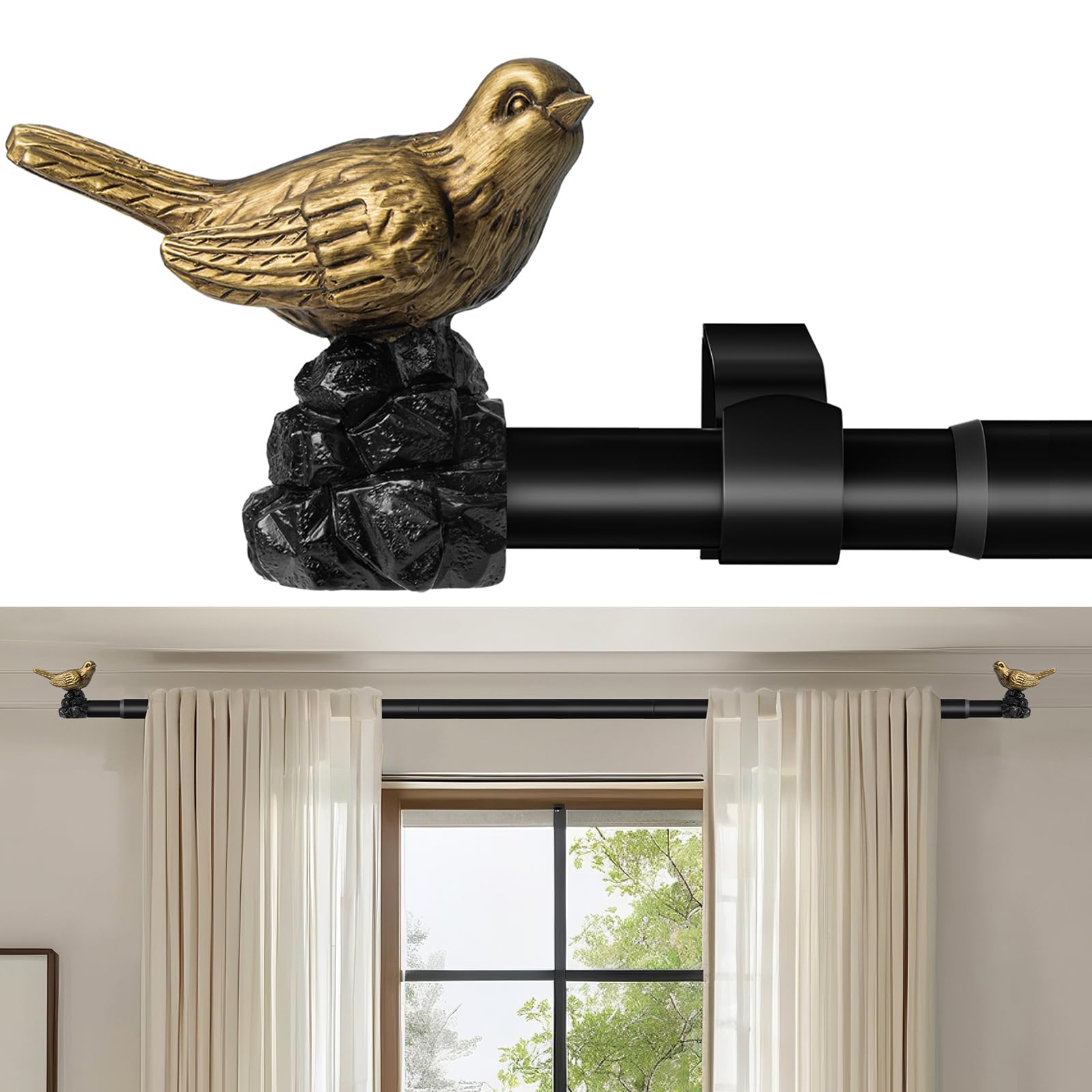 KVEEO front view of vintage gold curtain rod shows elegant profile and durable build