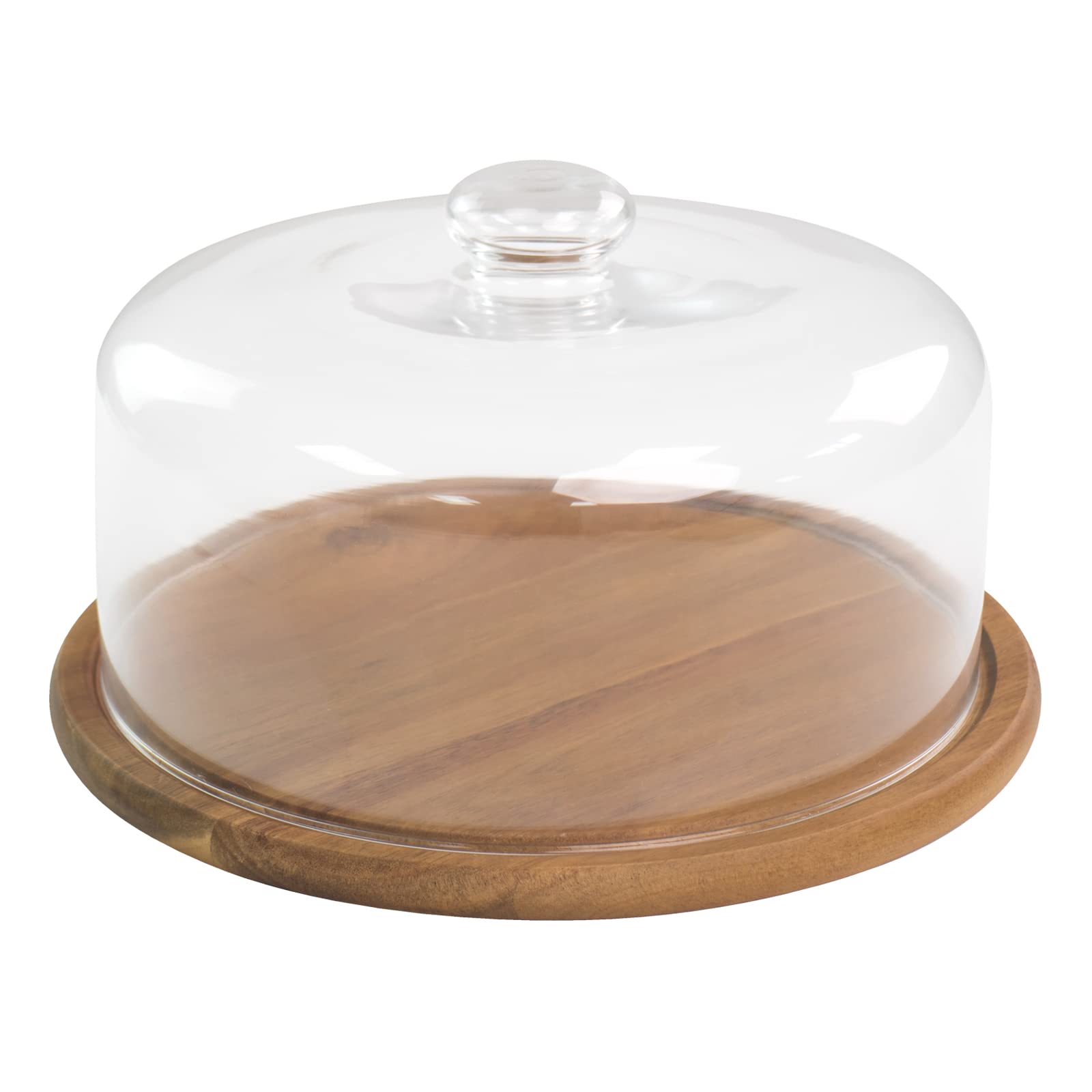 KVMORZE front view of glass dome on acacia tray showcasing elegant presentation