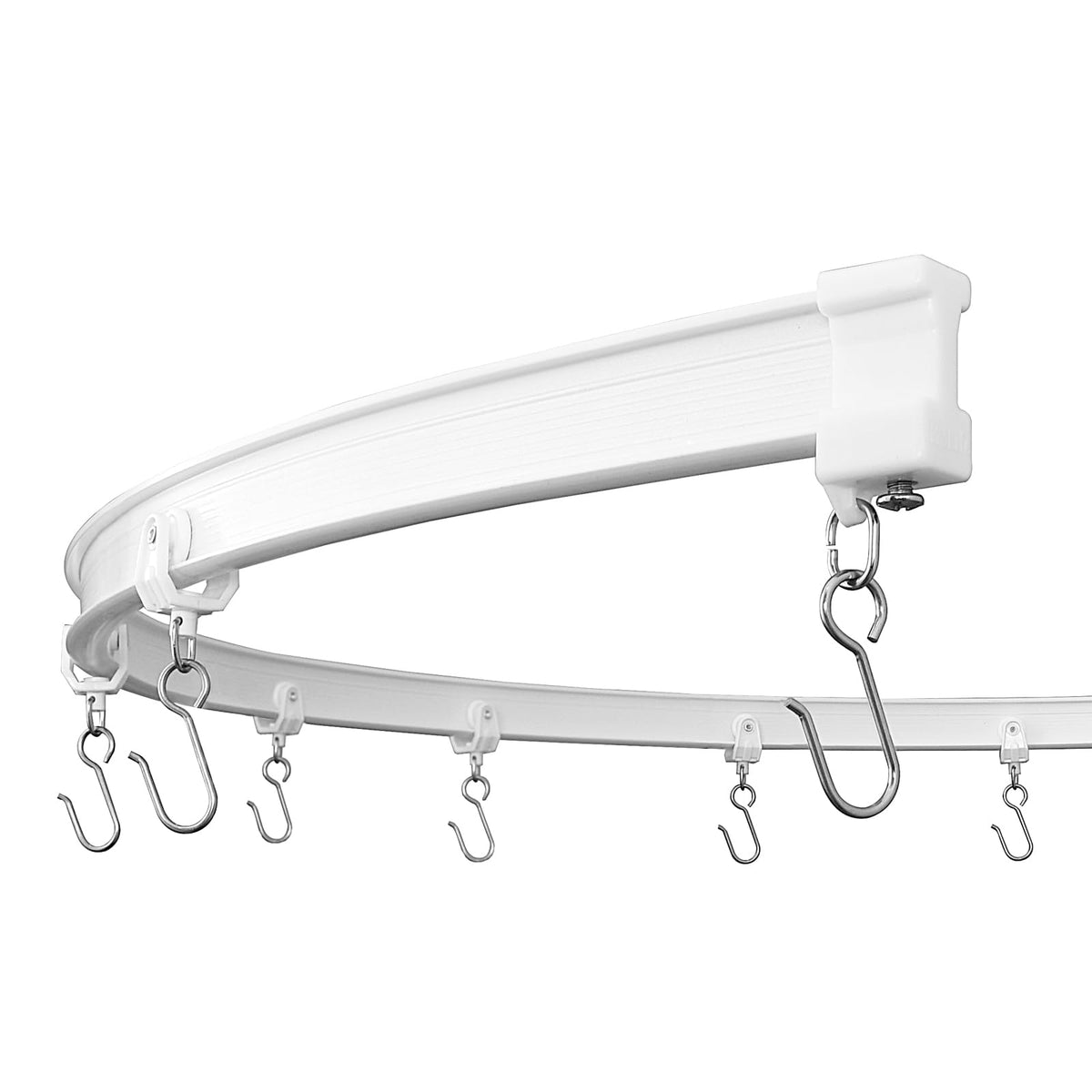 KXLife ceiling-mounted track front view showing sleek rail and benefit of space-saving